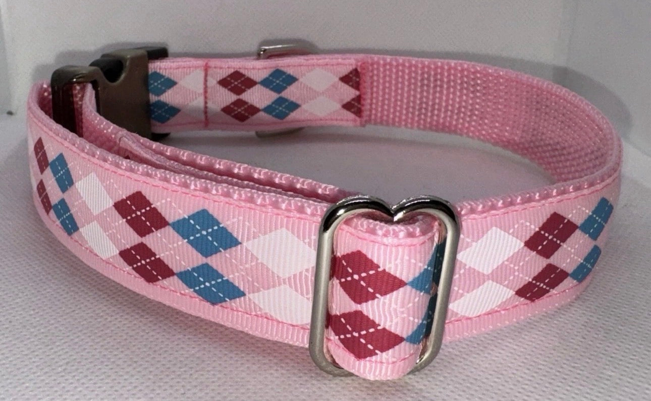 Large Handmade Heavy Duty Dog Collar Pink Plaid Valentine’s Print