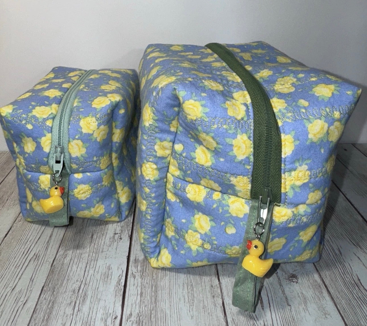 Boxy Makeup Bag Quilted Floral With Duck Charms Handmade Travel Bags Set Of 2