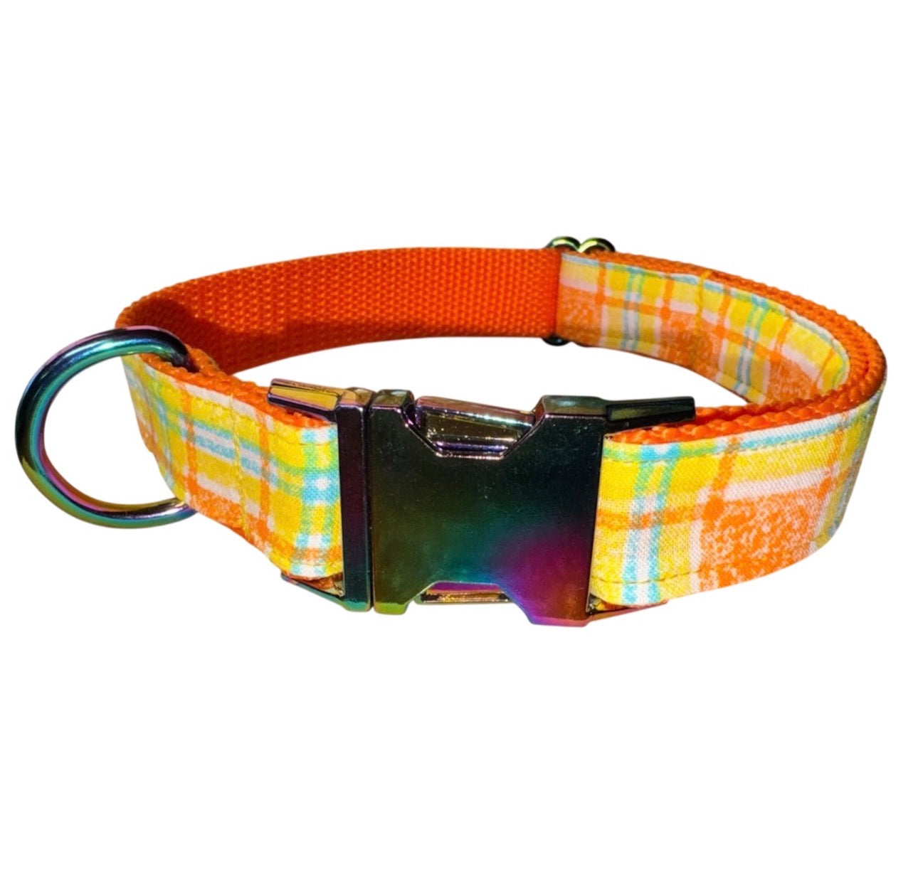 Dog Collar Yellow & Orange Plaid Vintage Print Size Large Handmade Heavy Duty W/ Iridescent Metal Buckle NEW