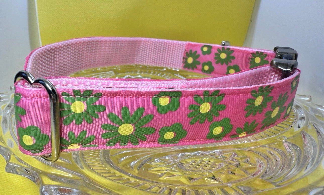 Large Handmade Heavy Duty Dog Collar Pink With Green Flowers Print