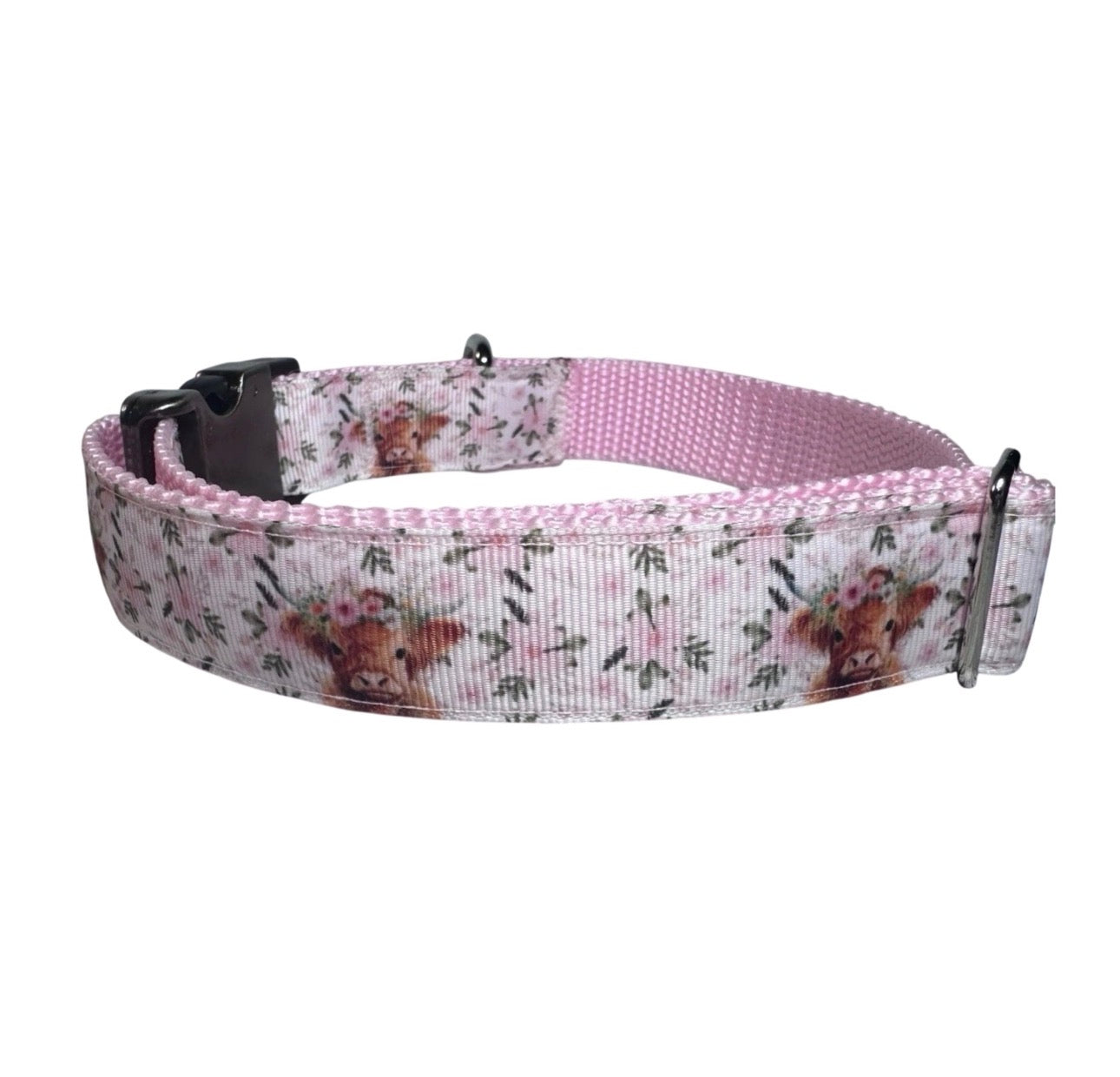 Dog Collar Highland Cow Pink Large Handmade Heavy Duty W/Buckle NEW