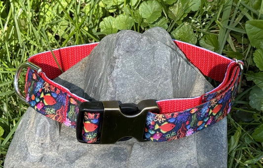 Dog Collar Red Fish Sea Underwater Large Handmade Heavy Duty W/Buckle NEW