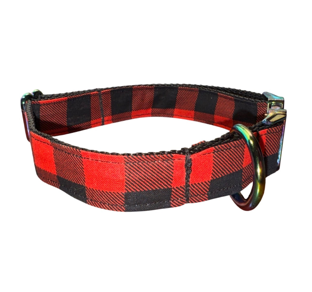Dog Collar Red Buffalo Plaid Holiday Large Handmade Heavy Duty W/Metal Iridescent Buckle NEW