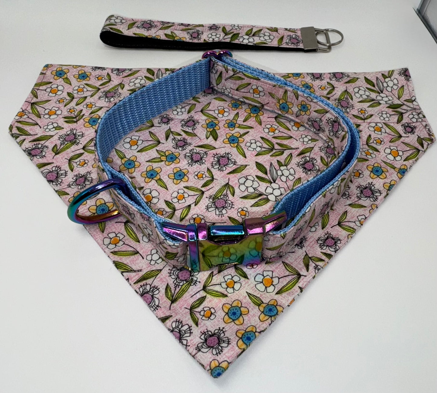 Bandana & Large Dog Collar Set Pink Flower Floral Print Handmade Heavy Duty NEW