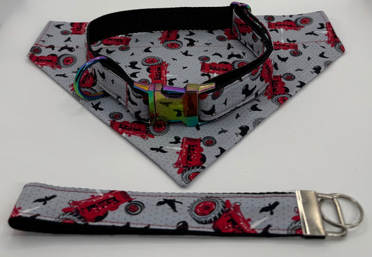 Dog Collar & Bandana Farm Tractor Print Black Large Handmade Heavy Duty NEW