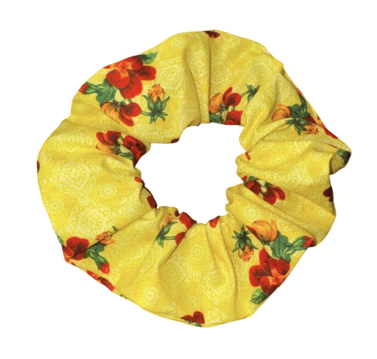 Handmade Yellow Floral Flower Print Hair Scrunchie 6”