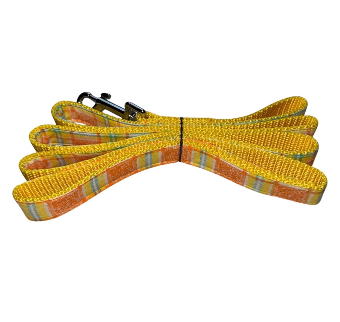 Dog Collar Leash & Bandana Set w/matching Scrunchie & Keychain Large Handmade Vintage Orange & Yellow Plaid Pattern Size Large Handmade