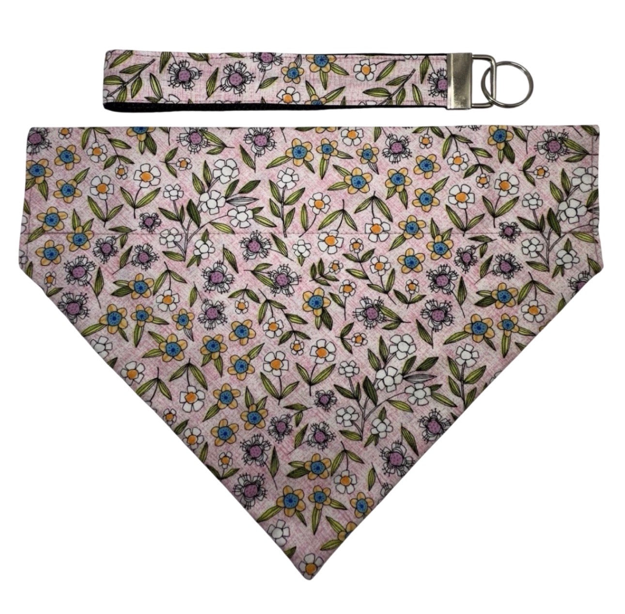 Bandana Large Dog Pink Spring Flowers Set Handmade & Matching Keychain Lanyard