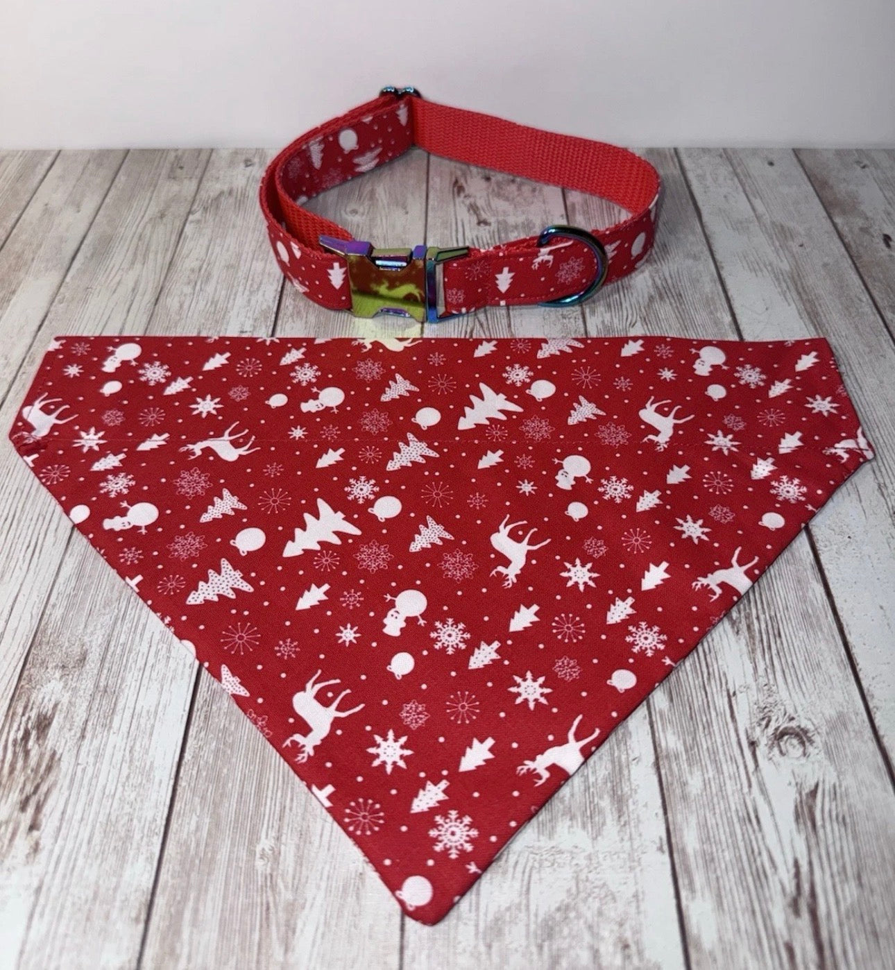 Dog Collar & Bandana Reindeer Red Christmas Theme Large Handmade Heavy Duty NEW