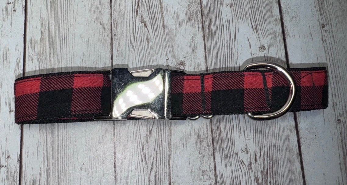Dog Collar Red Buffalo Plaid Holiday Large Handmade Heavy Duty W/Buckle NEW