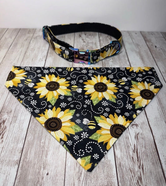 Dog Collar & Bandana Yellow Sunflower Print Large Handmade Heavy Duty NEW