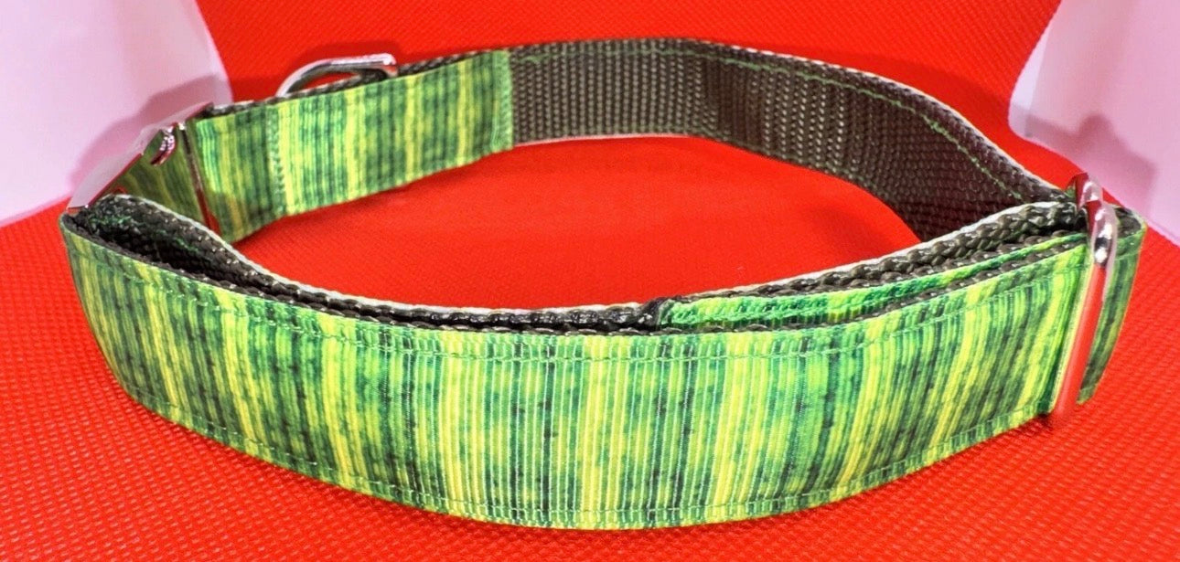 Dog Collar Green Striped Print Large Handmade Heavy Duty W/Buckle NEW