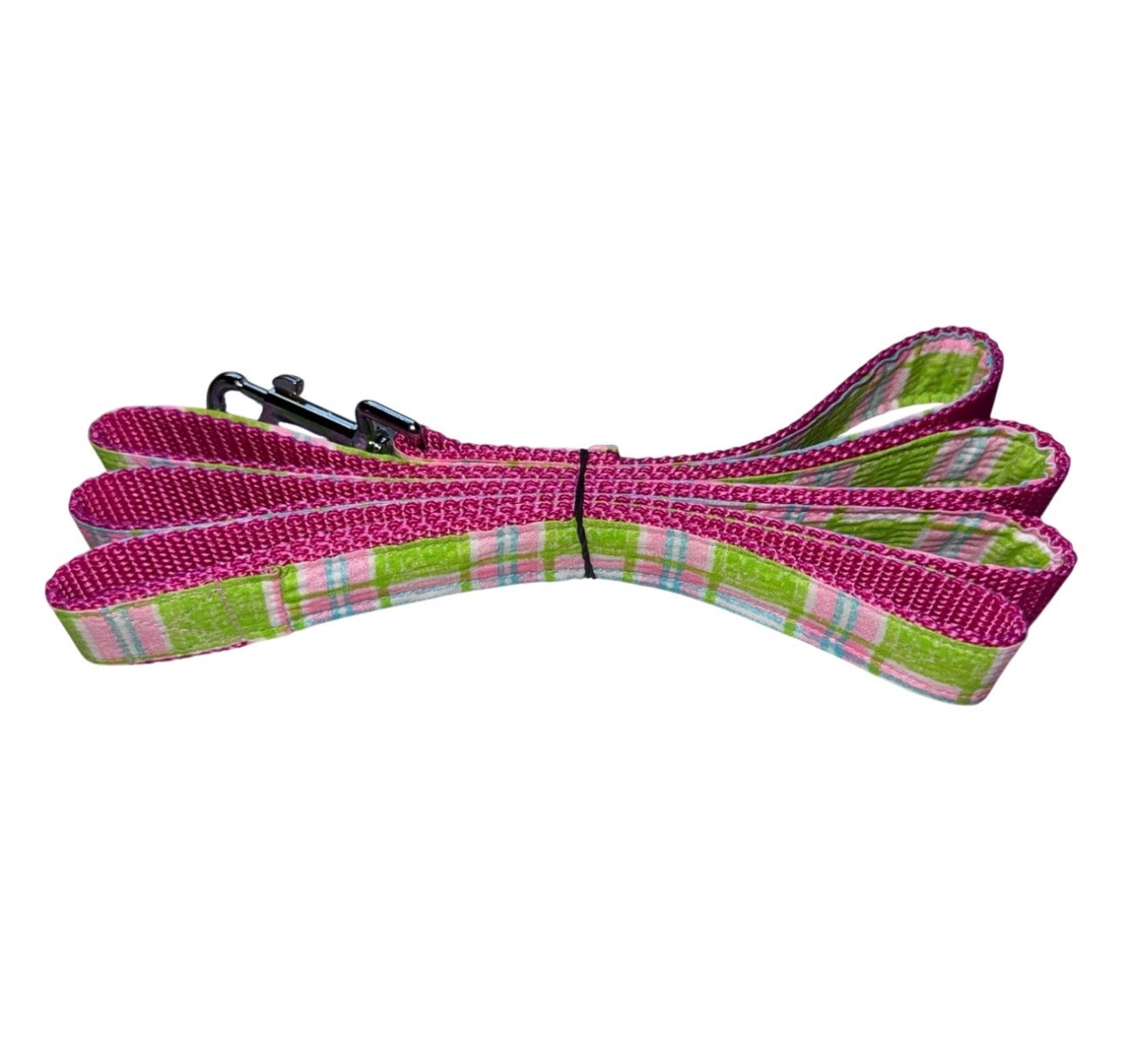 Dog Collar Leash & Bandana Set w/matching Scrunchie & Keychain Large Handmade Vintage Pink & Green Plaid Pattern Size Large Handmade