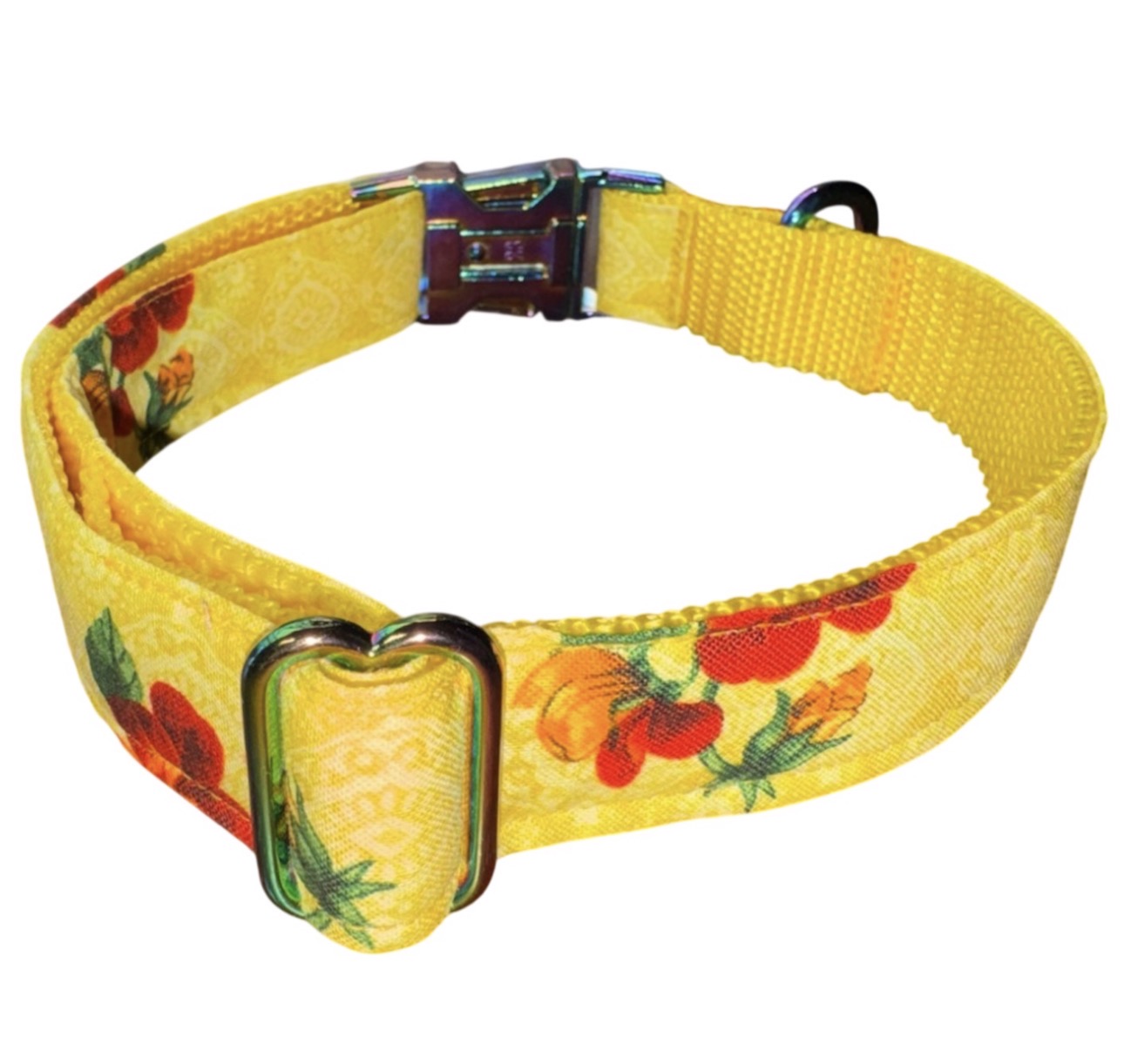Dog Collar Yellow Floral Flower Print Size Large Handmade Heavy Duty W/ Metal Iridescent Buckle NEW