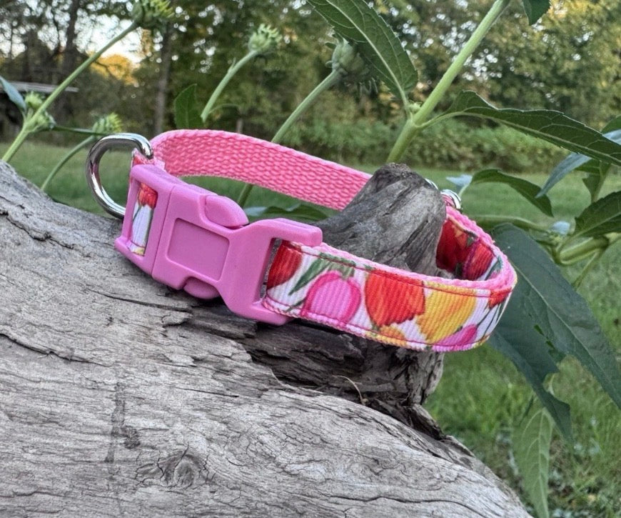 Dog/Cat/Puppy Heavy Duty Collar Pink With Flowers Tulips Small Handmade NEW