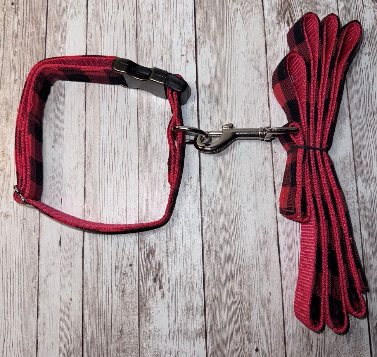 Dog Collar & Leash Buffalo Plaid Large Handmade Heavy Duty Multi Color Print NEW