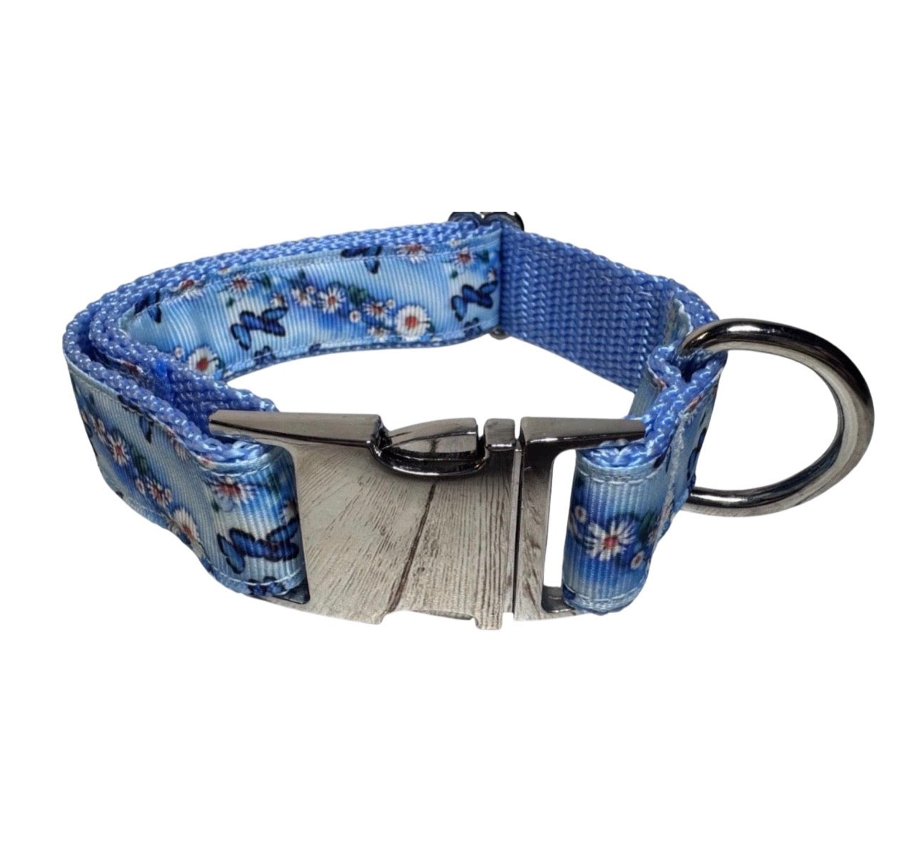 Dog Or Puppy Collar Blue Daisy & Butterfly Print 1” Wide Small Handmade NEW With Metal Buckle