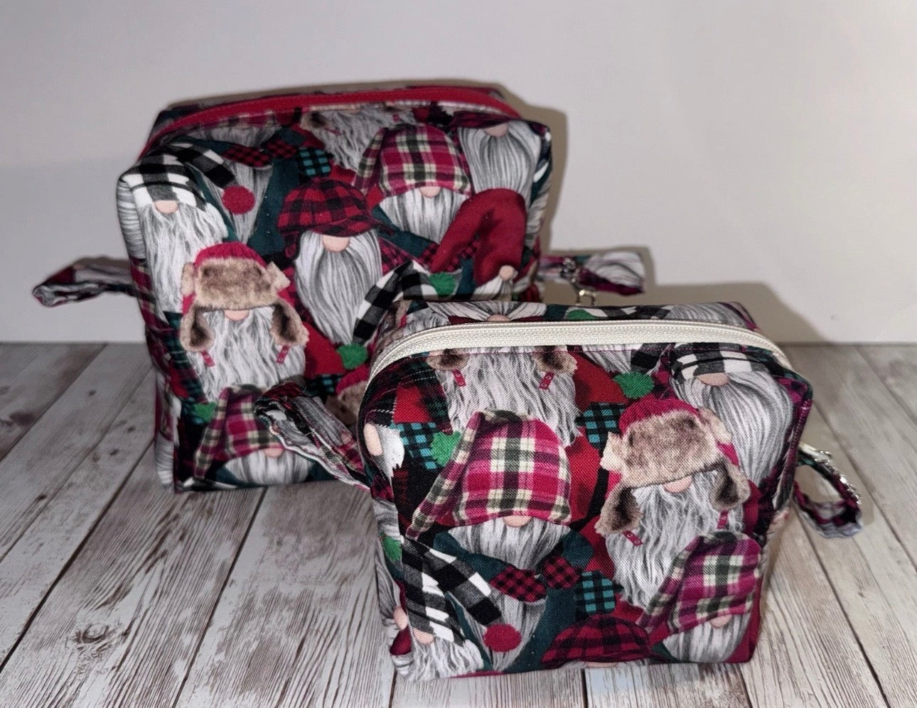 Boxy Makeup Bag Gnome Christmas Lumberjack Theme Set Of 2 Handmade Bags