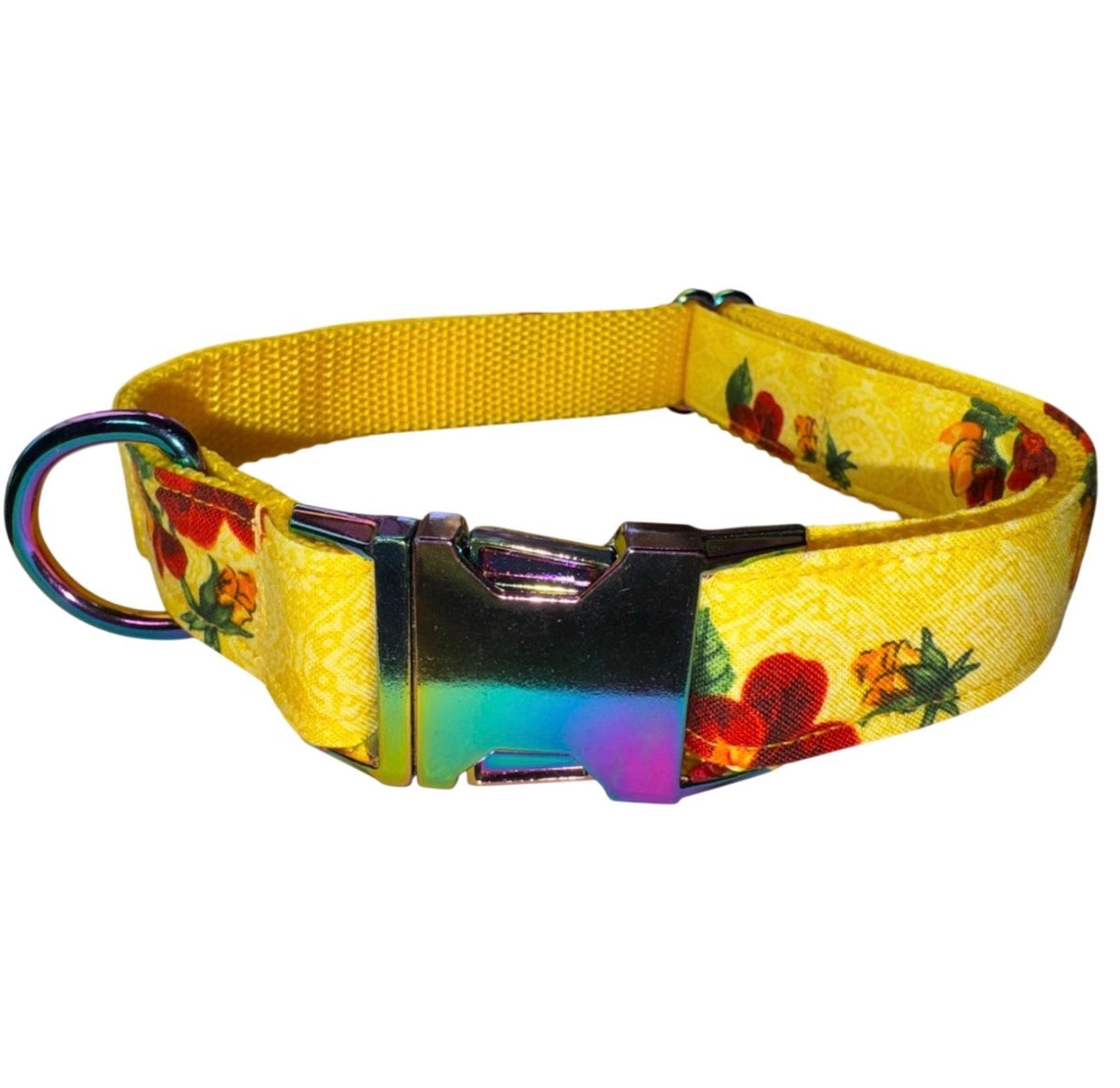 Dog Collar Yellow Floral Flower Print Size Large Handmade Heavy Duty W/ Metal Iridescent Buckle NEW