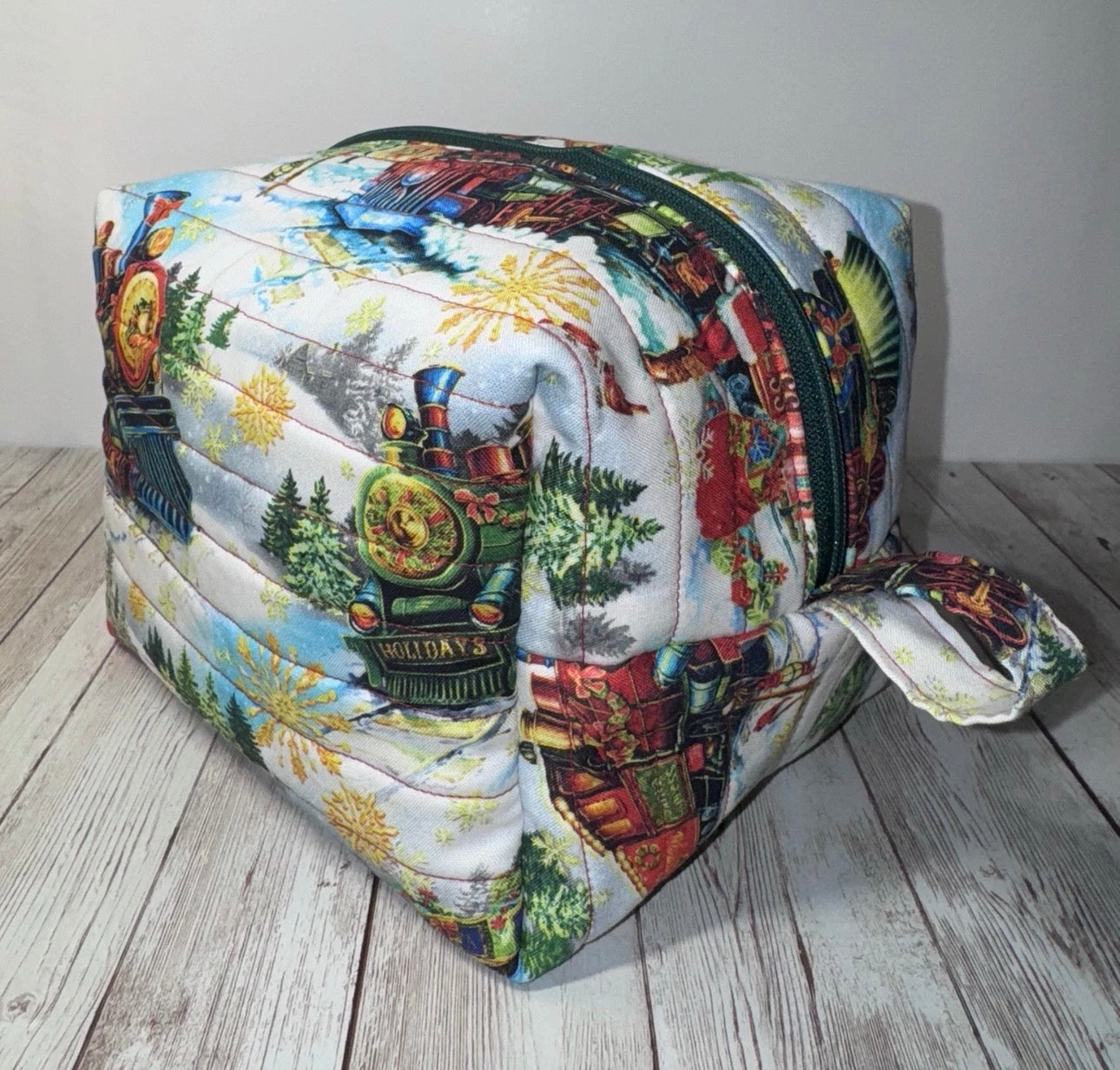 Boxy Handmade Christmas Train Holiday Makeup/Toiletrie Travel Bag 5.5”x7.5x6”