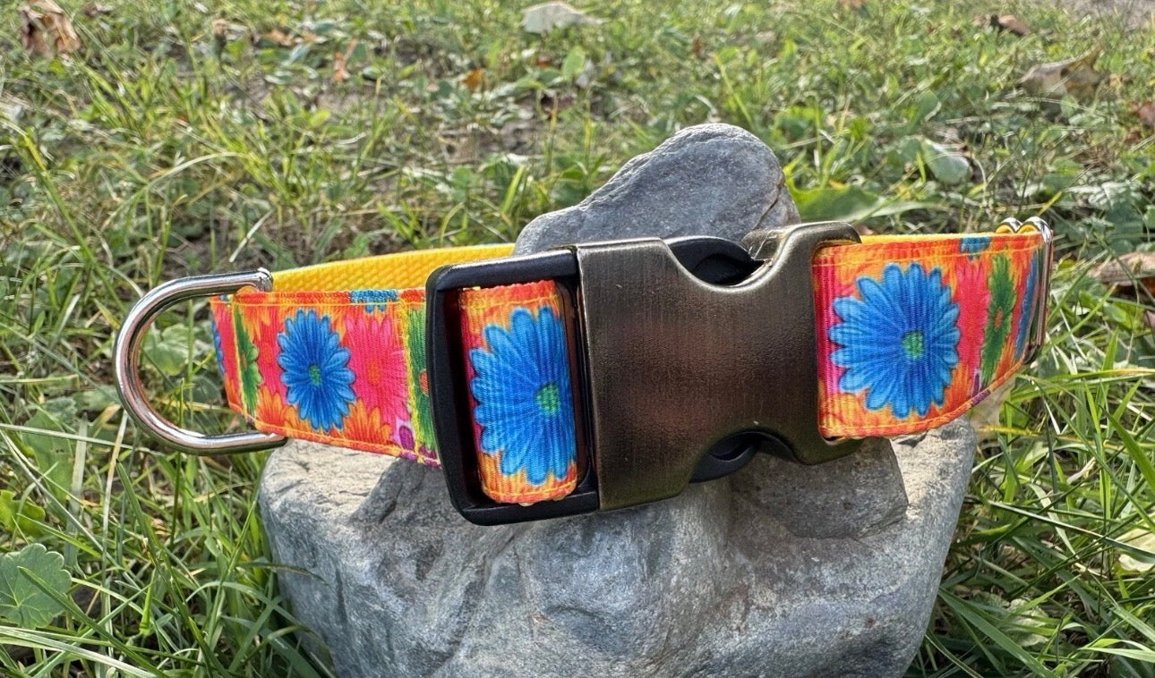 Dog Collar Yellow Flower Large Handmade Heavy Duty Pattern NEW