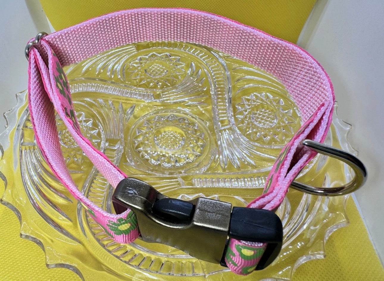 Large Handmade Heavy Duty Dog Collar Pink With Green Flowers Print