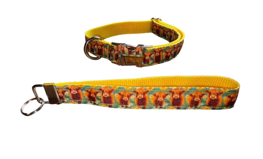 Dog Collar Highland Cow Print Yellow Metal Collar with Heavy Duty Buckle