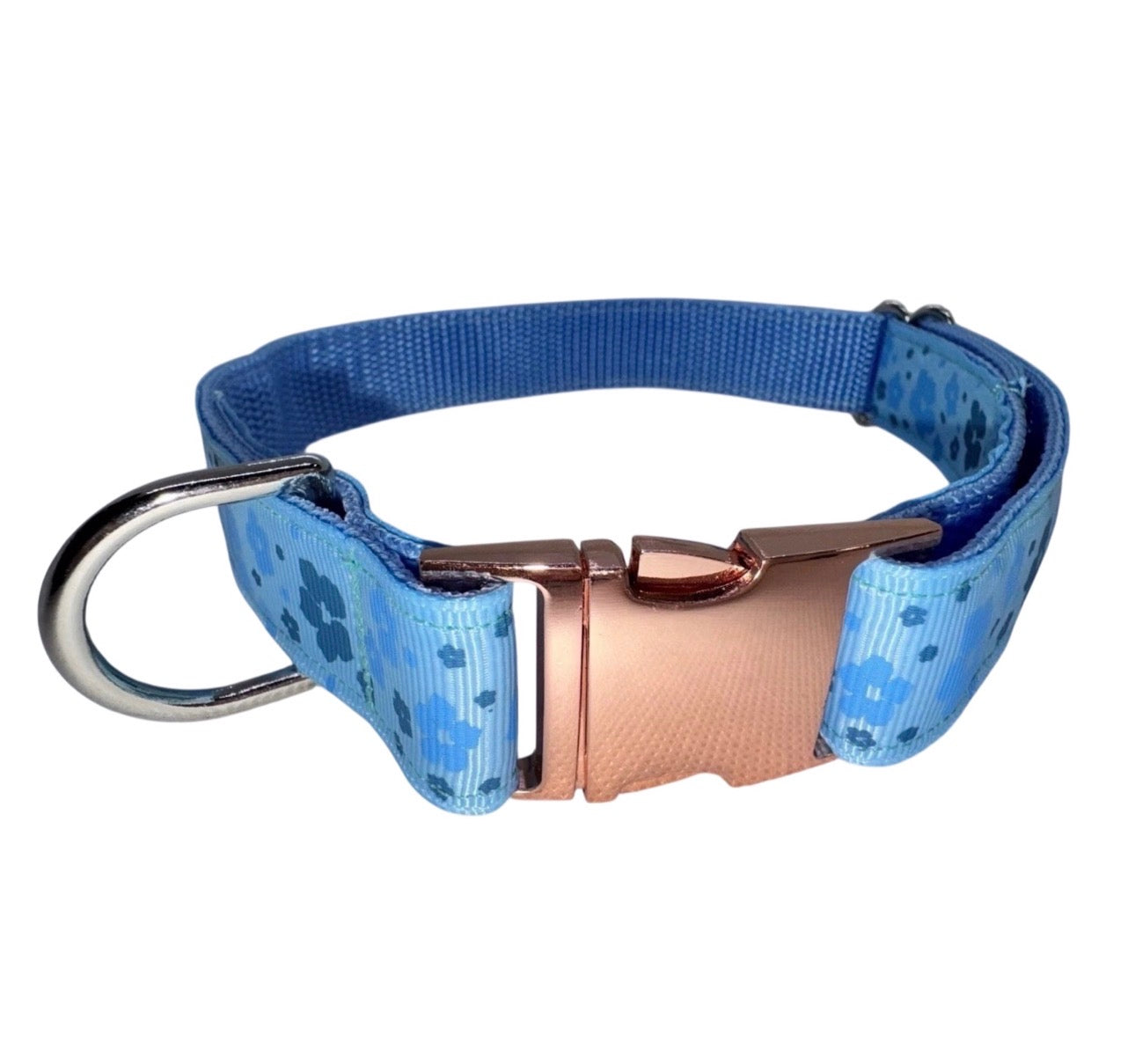 Dog Collar Blue Flowers & Rose Gold Large Handmade Heavy Duty Metal Buckle NEW