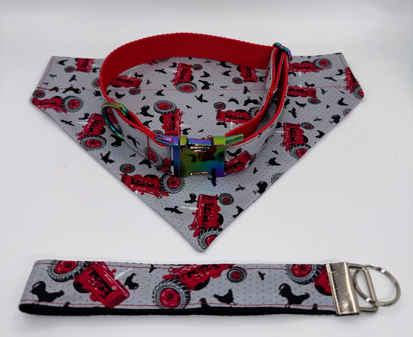 Dog Collar & Bandana Farm Tractor Print Red Large Handmade Heavy Duty NEW