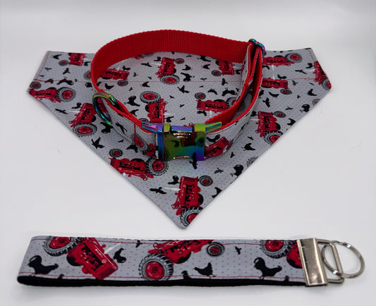 Dog Collar & Bandana Farm Tractor Print Red Large Handmade Heavy Duty NEW