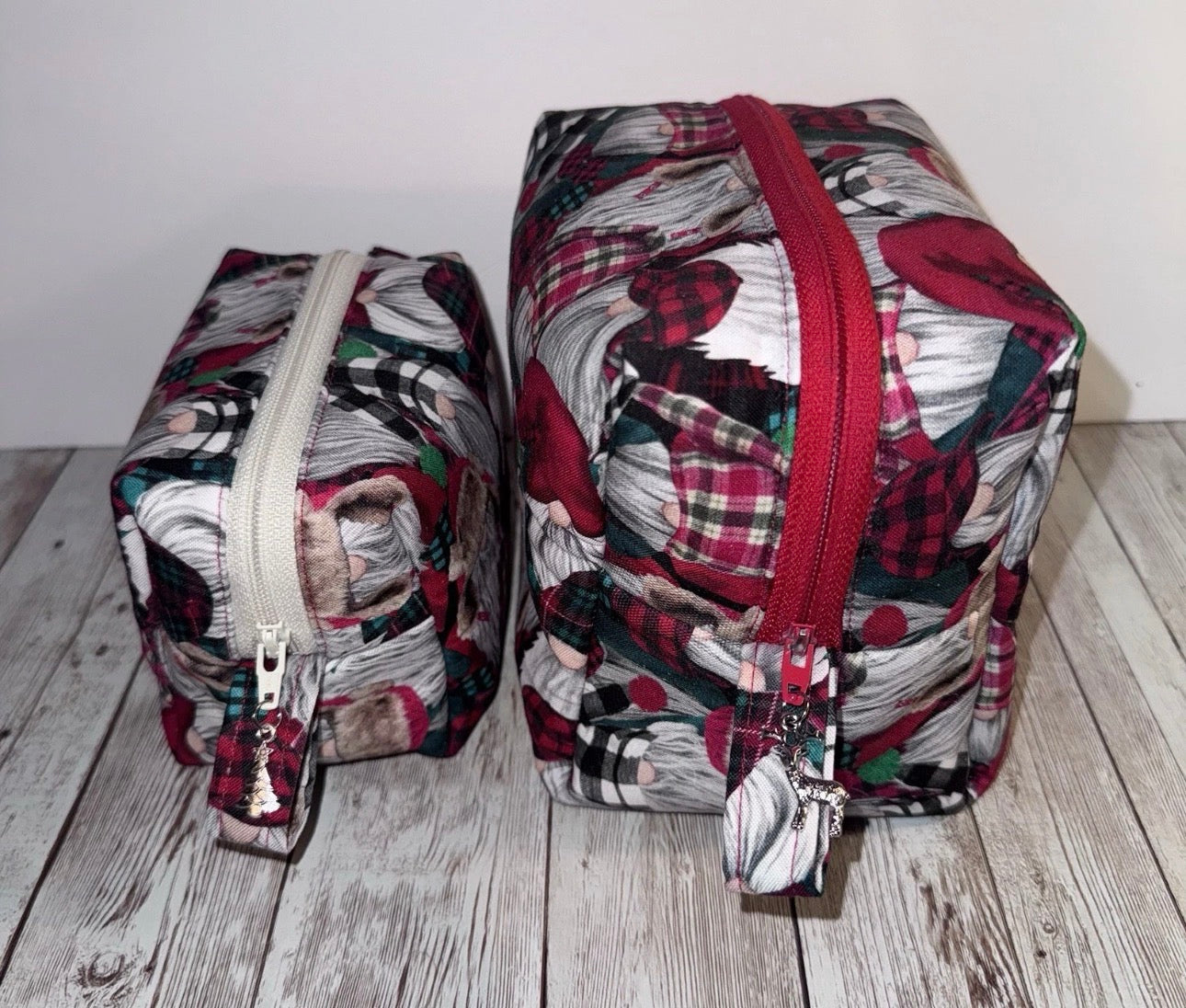 Boxy Makeup Bag Gnome Christmas Lumberjack Theme Set Of 2 Handmade Bags
