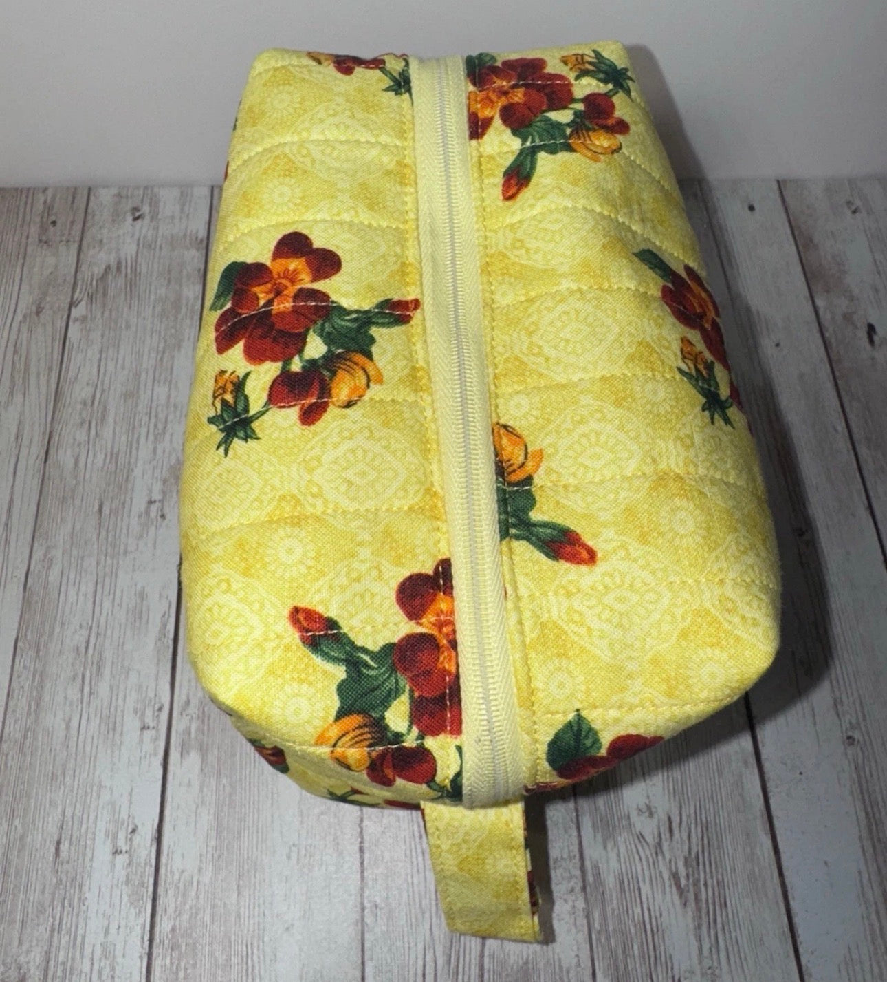 Boxy Makeup Bag Yellow Floral Theme Handmade Makeup Travel Toiletrie Bag
