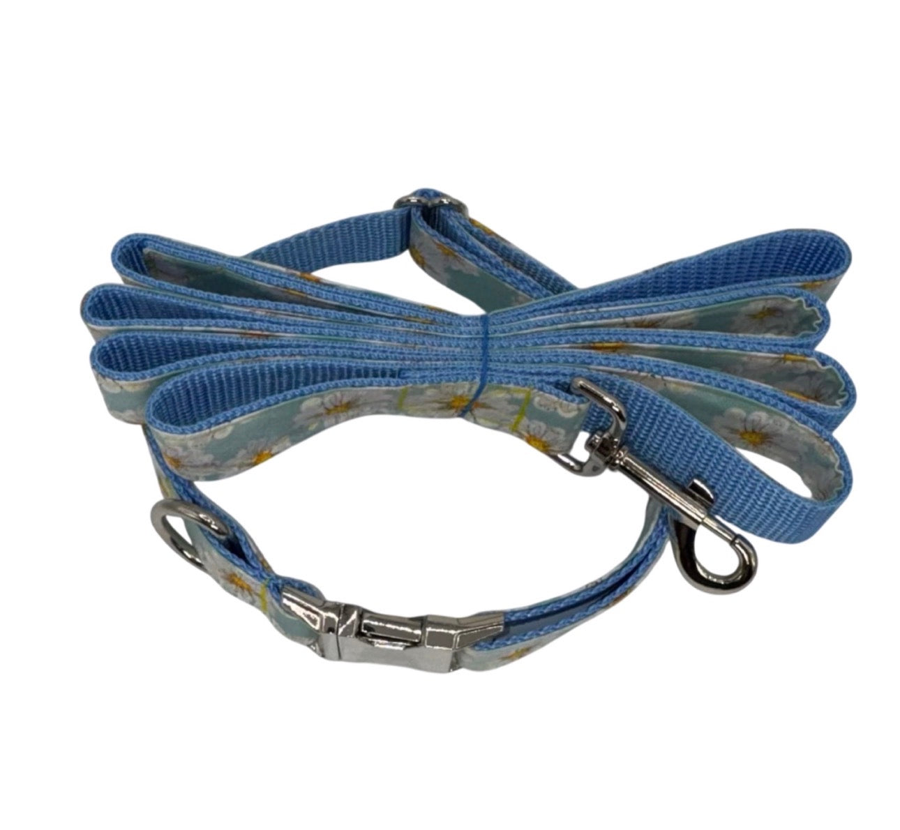 Dog Collar & Leash Yellow Daisy & Flower Print Large Handmade Heavy Duty Metal Buckle NEW