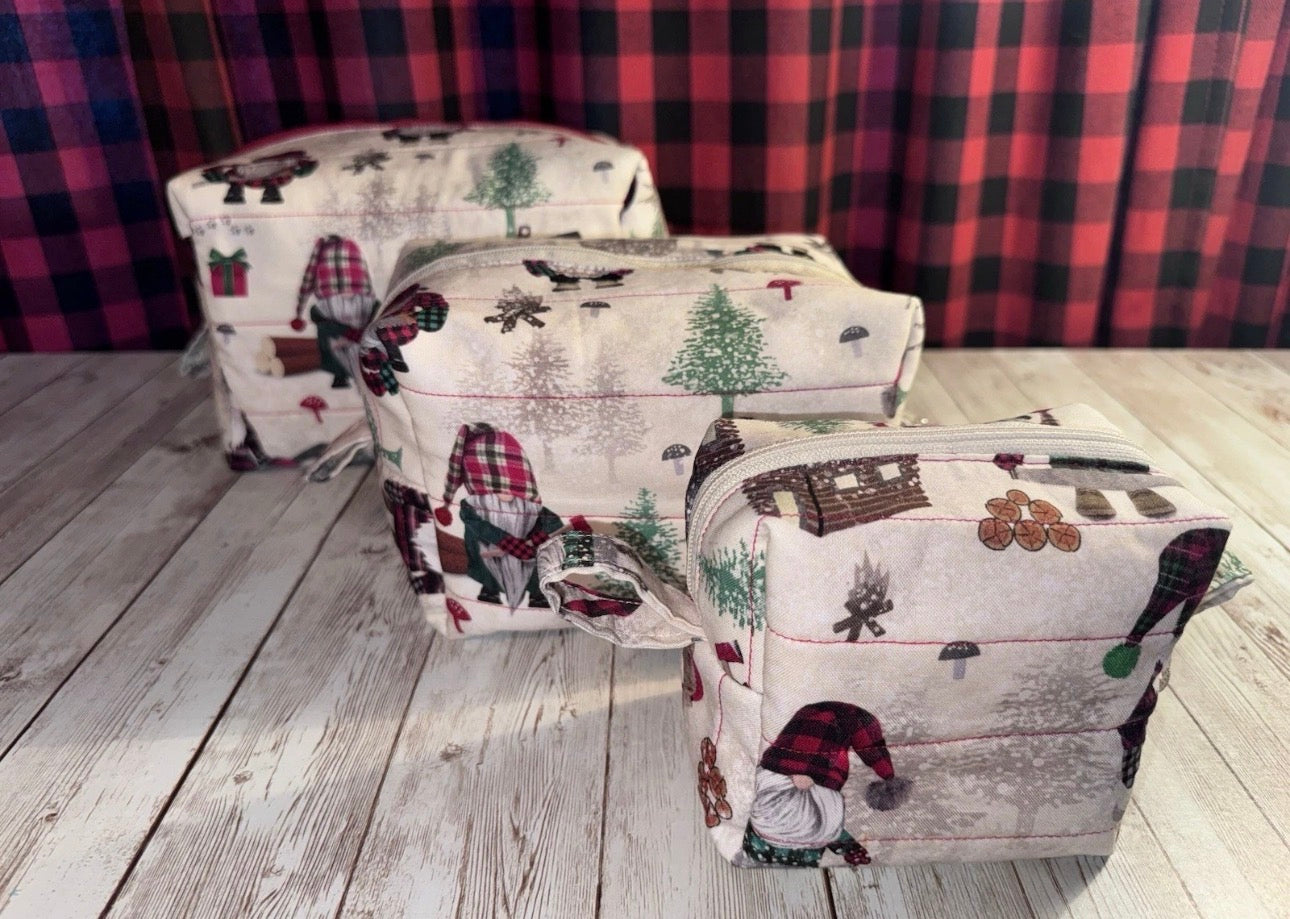 Boxy Makeup Bag Gnome Christmas Lumberjack Theme Set Of 3 Handmade Bags.