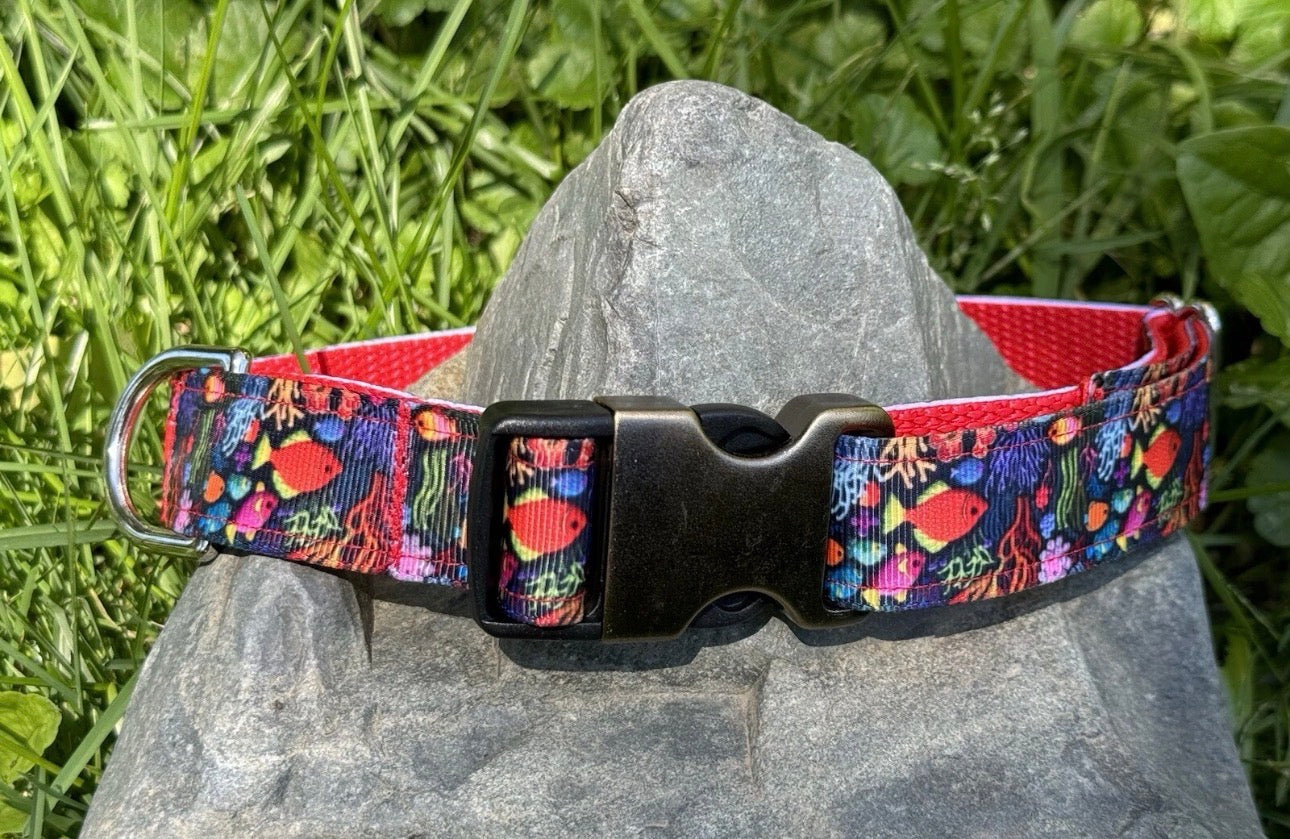 Dog Collar Red Fish Sea Underwater Large Handmade Heavy Duty W/Buckle NEW