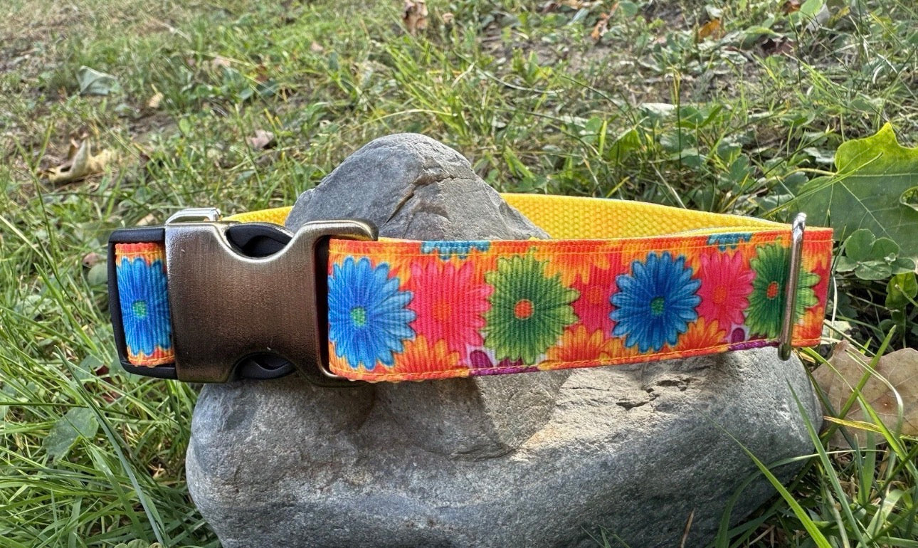 Dog Collar Yellow Flower Large Handmade Heavy Duty Pattern NEW
