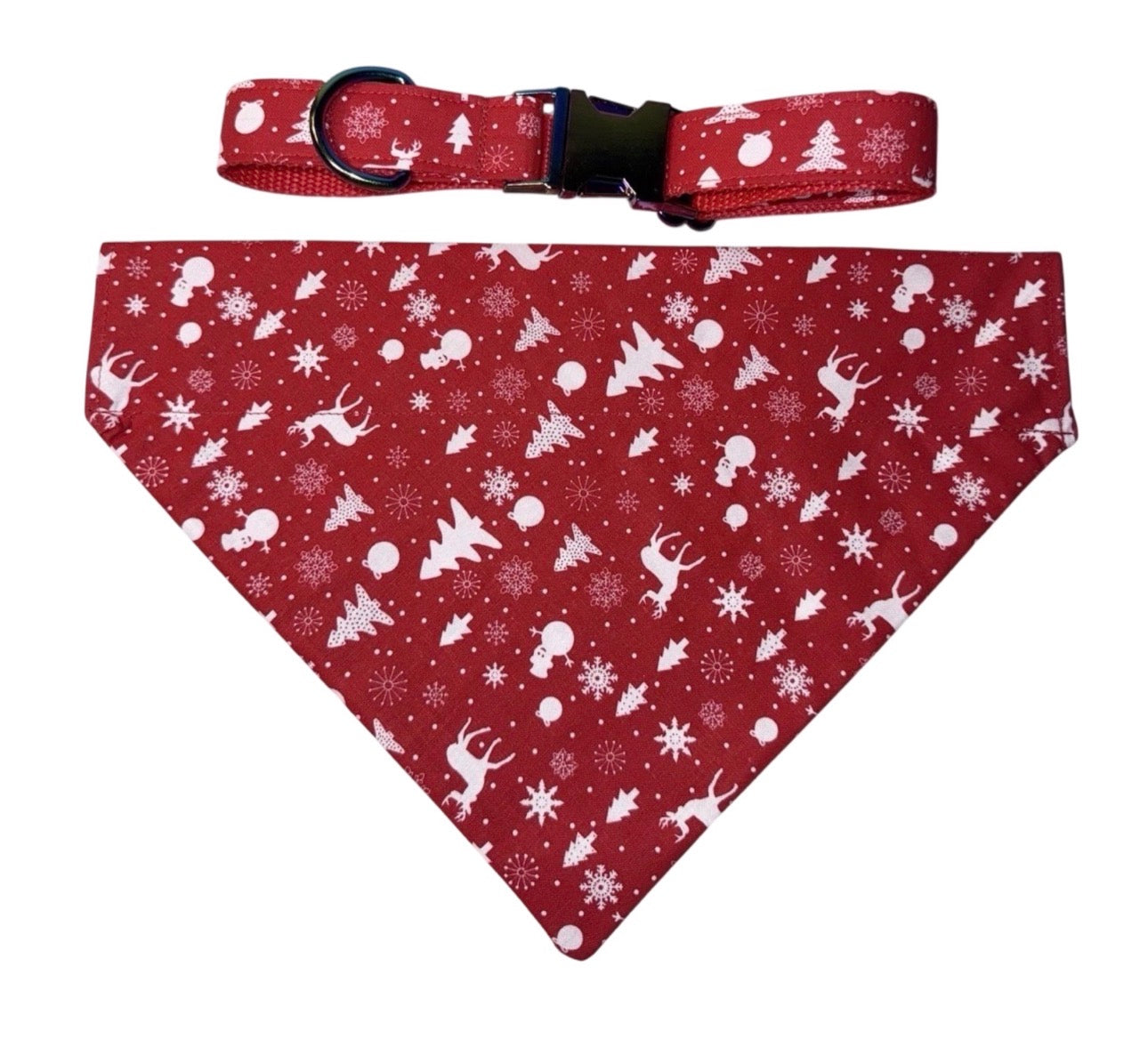 Bandana & Large Dog Collar Set Reindeer Red Christmas Theme Large Handmade Heavy Duty NEW