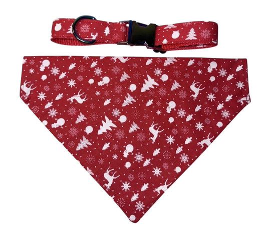 Bandana & Large Dog Collar Set Reindeer Red Christmas Theme Large Handmade Heavy Duty NEW