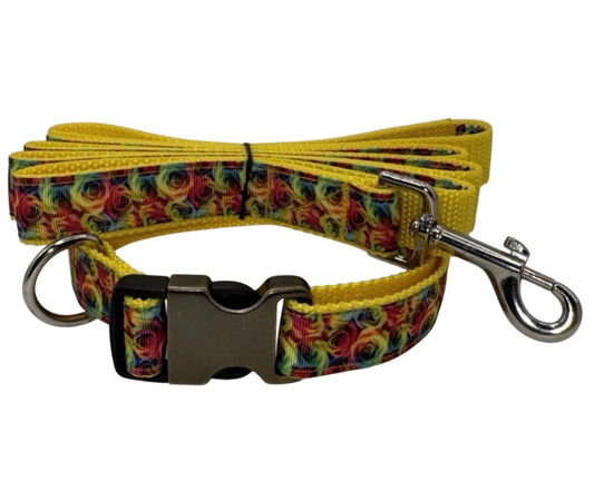 Dog Collar & Leash Yellow & Roses Tye Dye Print Large Handmade Heavy Duty NEW