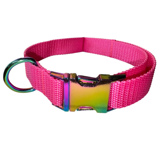 Dog Collar Hot Pink Fun Summer Color Large Handmade Heavy Duty W/ Metal Iridescent Heavy Duty Buckle NEW