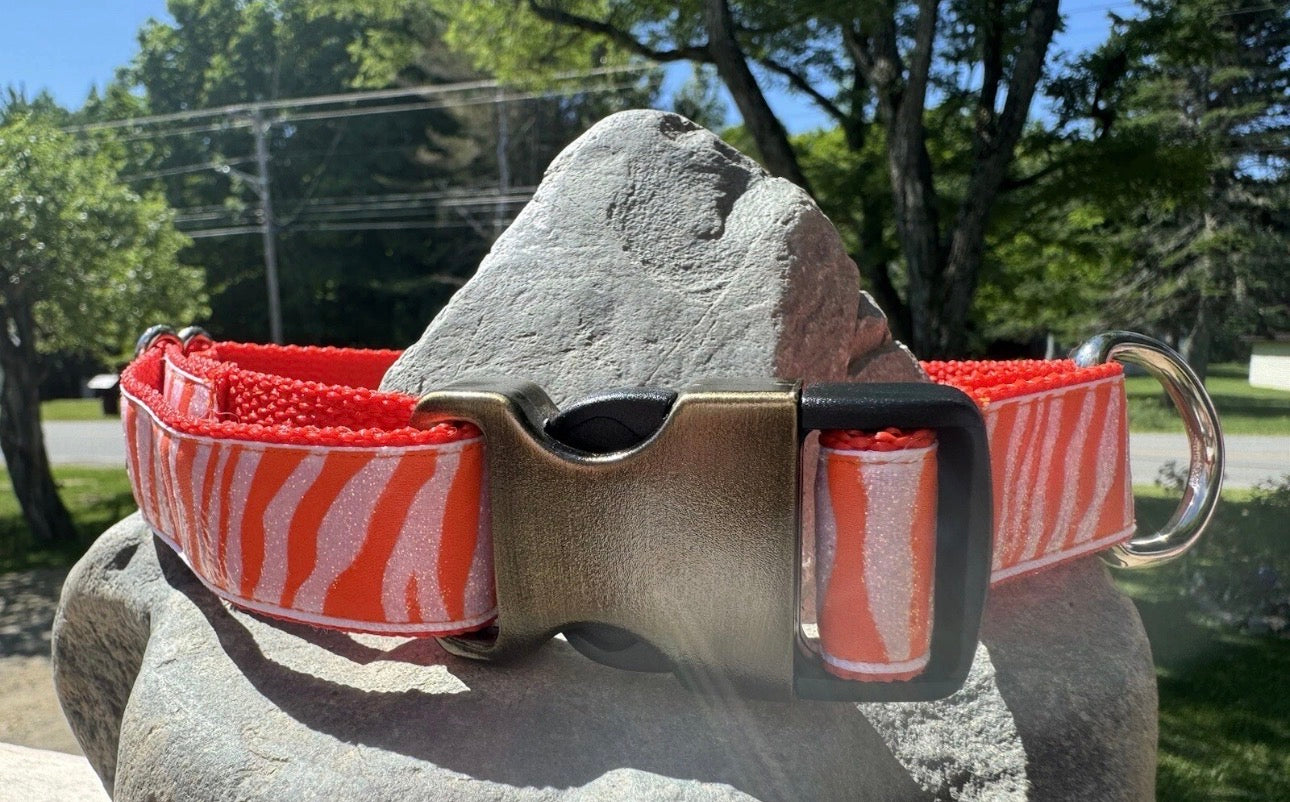 Dog Collar Orange Zebra Print Large Handmade Heavy Duty W/Buckle NEW
