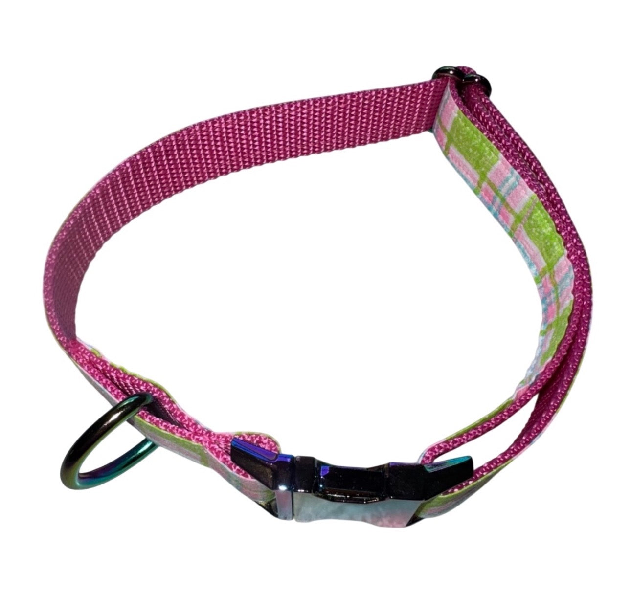 Dog Collar Leash & Bandana Set w/matching Scrunchie & Keychain Large Handmade Vintage Pink & Green Plaid Pattern Size Large Handmade