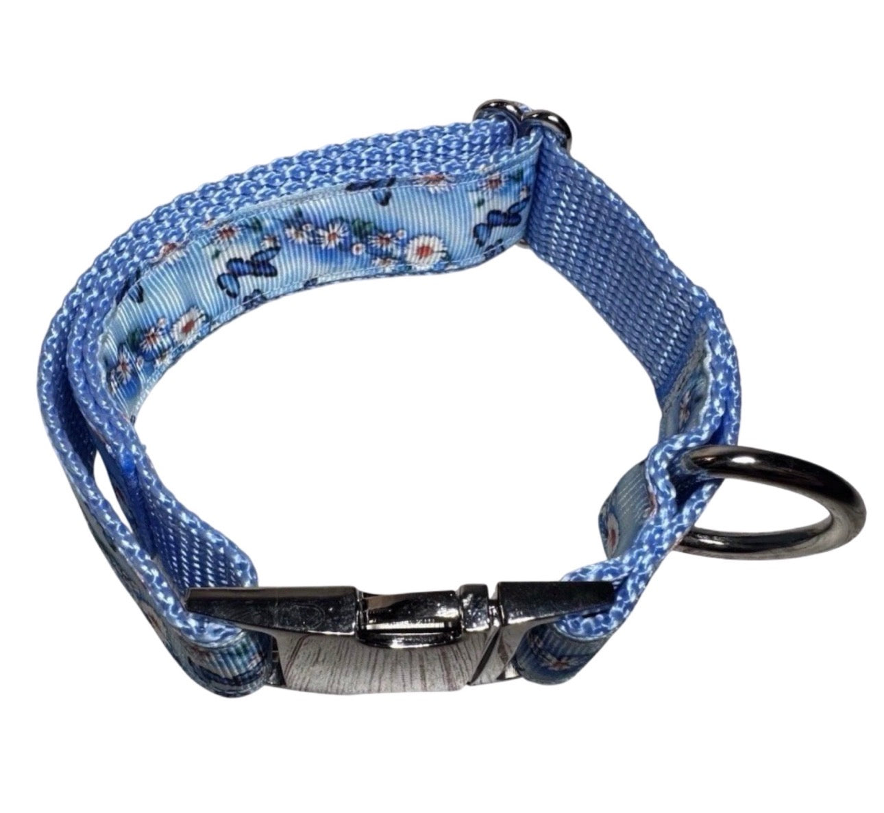 Dog Or Puppy Collar Blue Daisy & Butterfly Print 1” Wide Small Handmade NEW With Metal Buckle