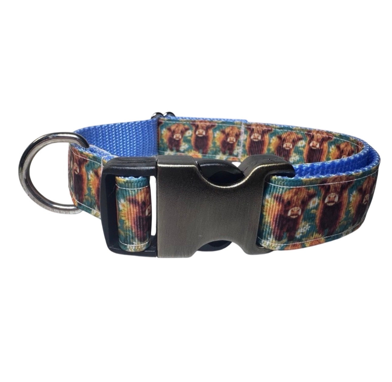 Dog Collar Highland Cow Blue Large Handmade Heavy Duty W/Buckle NEW