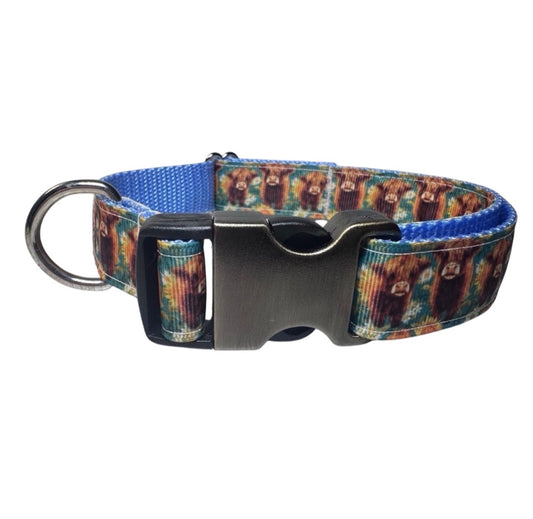 Dog Collar Highland Cow Blue Large Handmade Heavy Duty W/Buckle NEW