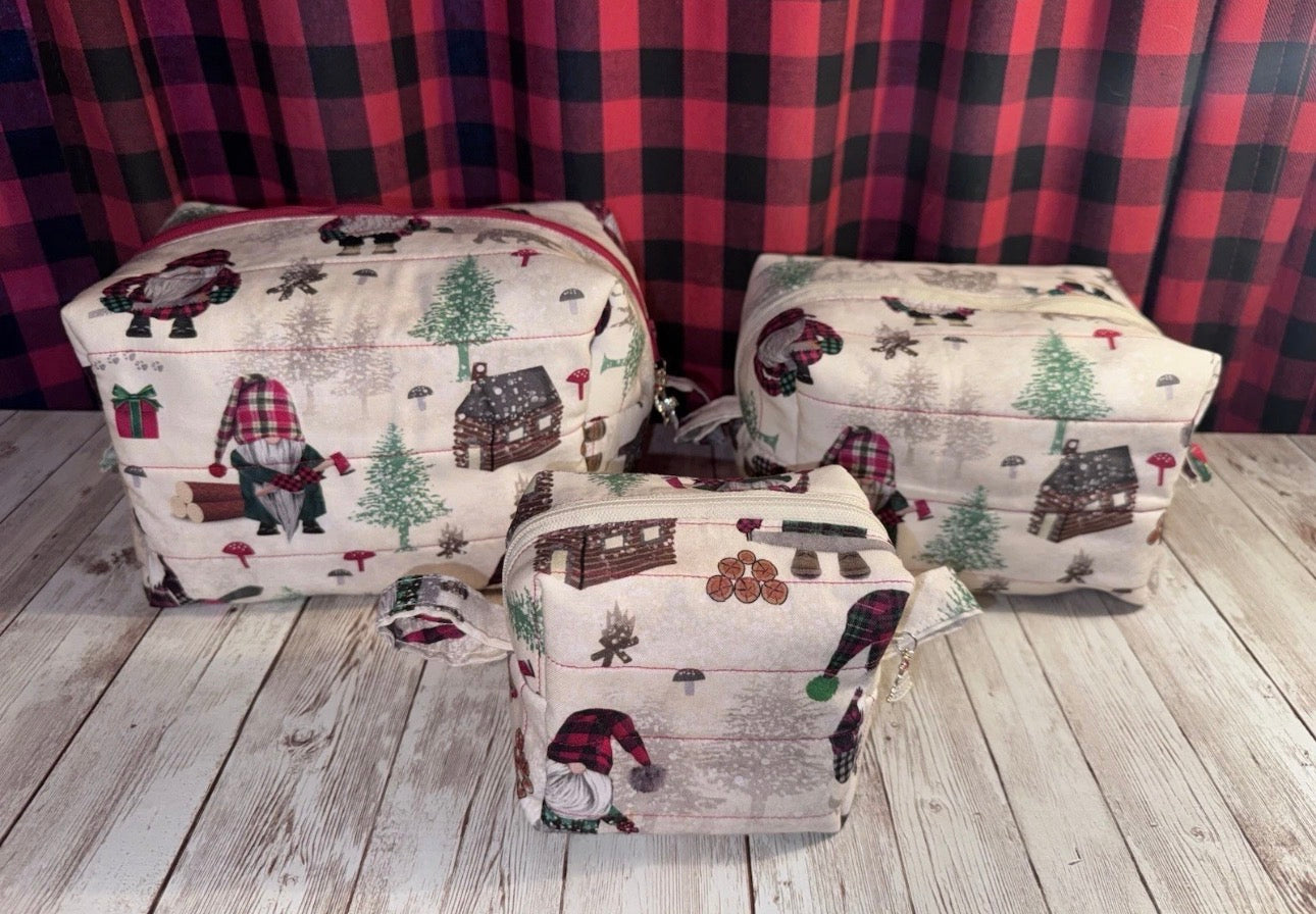 Boxy Makeup Bag Gnome Christmas Lumberjack Theme Set Of 3 Handmade Bags.