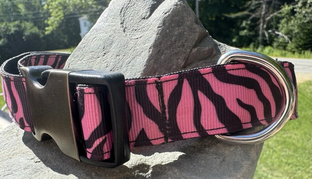 Dog Collar Pink Zebra Print Large Handmade Heavy Duty W/Buckle NEW