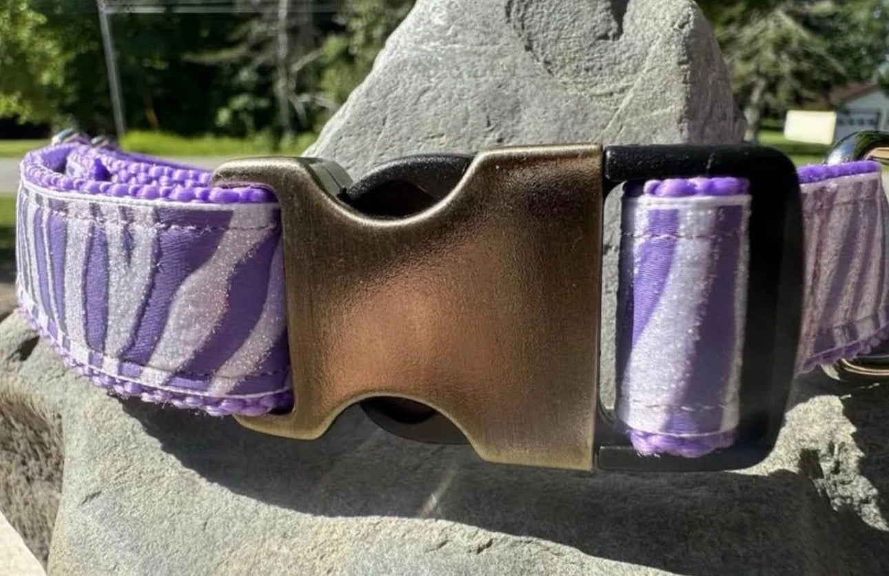 Dog Collar Zebra Stripe Purple Large Handmade Heavy Duty W/Buckle NEW