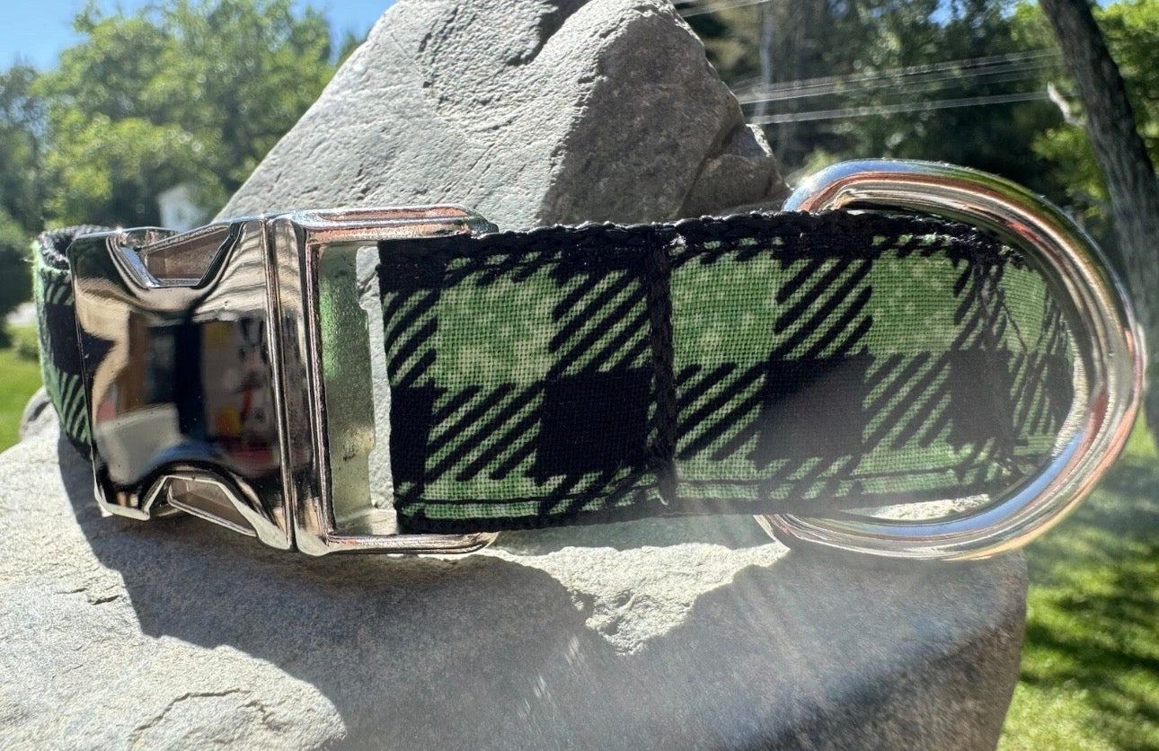 Dog Collar Plaid Green Large Handmade Heavy Duty Metal Buckle NEW