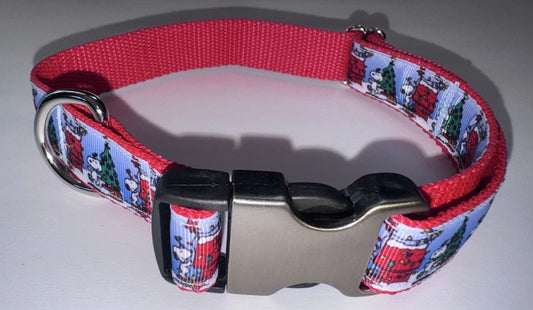 Dog Collar Peanuts Snoopy Christmas Large Handmade Heavy Duty W/Buckle NEW